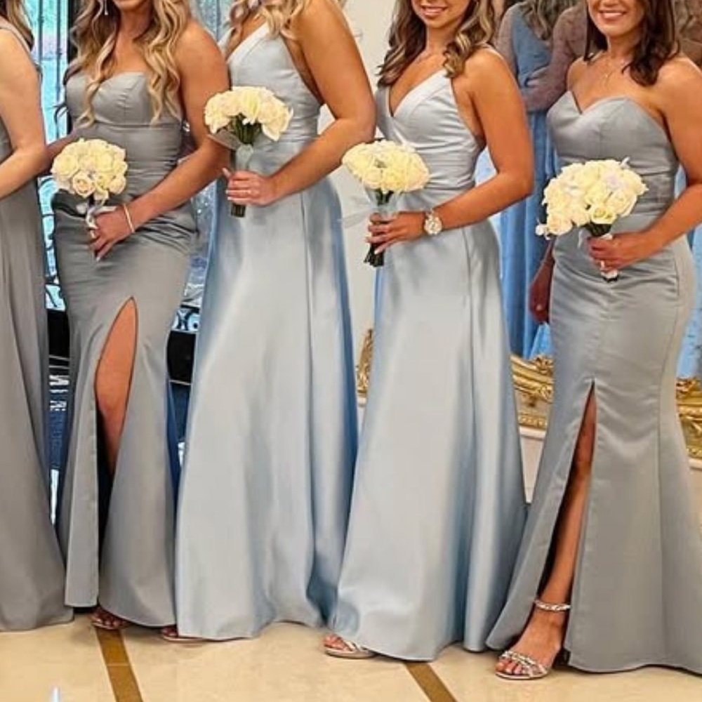 Sky Blue Morilee 21573 V Neck Satin A-Line Bridesmaid Dress